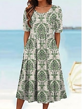 tanie Sukienka boho-Damskie Sukienka midi Letnie sukienki Plisowana sukienka Urlop Codzienny Styl plażowy Codzienny Święto Regularny Kwiaty Graficzny W Tureckie Wzory Krótki rękaw Półgolf Niebieski Pomarańczowy Zielony