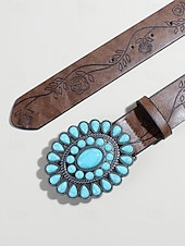 رخيصةأون حزام نسائي-حزام نسائي غربي فيروزي اللون - حزام خصر من الجلد الصناعي منقوش بالورود للروديو والمهرجانات وأزياء البوهو والملابس الكاجوال