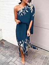 billiga Blommiga klänningar-Dam Maxiklänning Off Shoulder Klänning Semester Ledigt Boho Utomhus Strand Lös passning Grafisk Löv 3/4 ärm Enaxlad Svart Vit Blå Kaki Sommar