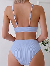 billiga Bikiniset-Kvinnors baddräkter bikini 2-delad tärnande baddräkt rygglös semester strandkläder randig V-hals ärmlös baddräkter