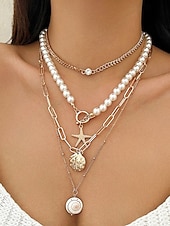 cheap Women&#039;s Necklace-Women&#039;s Boho Layered Shell and Bead Necklace Set – Beach-Style Turquoise Pendant and Gold Charms for Summer Vacations and Festivals