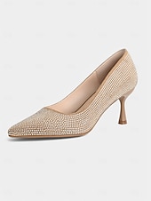cheap Cocktail-Women&#039;s Champagne Rhinestone Pointed Toe Kitten Heels – Elegant Slip-On Glitter Pumps for Cocktail Parties and Holiday Celebrations