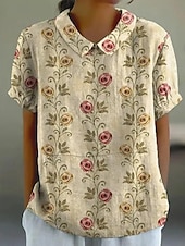 cheap Women&#039;s Floral Tops-Women&#039;s Shirt Floral Bohemia Vintage Tropical Long Sleeve Shirt Collar Regular Tops Daily Buttons Print Denim Blue Yellow Pink Sky Blue Green Summer Spring