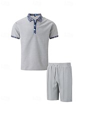 cheap Sports-Men&#039;s Waffle Polo Shirts Golf Shirt Work Casual Lapel Short Sleeve Basic Modern Color Block Patchwork 2 Piece Summer Regular Fit Black White Royal Blue Khaki Gray Waffle Polo Shirts