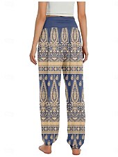preiswerte Hose aus Baumwollleinen mit Grafik-Damen Leinen-inspirierte Hosen Weites Bein Hosen Hose Ethno-Stil Lässig Boho Volle Länge Hohe Taille Blumen Grafik Paisley-Muster Tasche Elastischer Bund Drucken Atmungsaktivität Weich Mikroelastisch