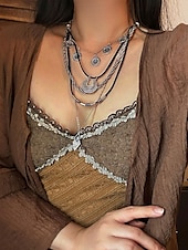 abordables Collier pour femme-Collier bohème en argent superposé avec chaînes noires et argentées, pendentifs circulaires et géométriques, parfait pour les tenues décontractées et de soirée, idéal pour les accessoires d&#039;été et de festival