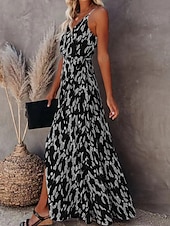 preiswerte Streifen- und geometrische Kleider-Damen Maxikleid A Linie Kleid Unterkleid Urlaub Lässig Boho Outdoor Ausgehen Strand Standard Passform Grafik Geometrisch Ärmellos Spaghettiträger Weiß Leicht Braun Blau Grau Sommer