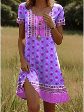olcso Boho ruhák-Női Mini ruha Kötött ruha hétköznapi ruha Pólóruha Nyári ruha Szabadság Alkalmi Boho Parti Tengerpart Normál Virágos Grafika Rövid ujjú Terített nyak Arcpír rózsaszín Bíbor Narancssárga Lóhere Nyár