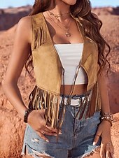 billige Boho topper-Dame Bluse عادي Fritid Ermeløs V-hals Vanlige topper Ferie Ut på byen Frynser Lysebrun Sommer