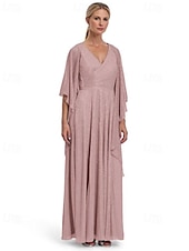 preiswerte Bodenlänge-Metallic Lurex Chiffon A-Linie Mutter der Braut Kleid elegantes einfach minimalistisches V-Ausschnitt bodenlang halbärmel mit Rüschendetails