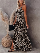 preiswerte Streifen- und geometrische Kleider-Damen Maxikleid A Linie Kleid Unterkleid Urlaub Lässig Boho Outdoor Ausgehen Strand Standard Passform Grafik Geometrisch Ärmellos Spaghettiträger Weiß Leicht Braun Blau Grau Sommer