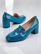 levne Block Heels-dámské modré lesklé lakované mokasíny s mohutným podpatkem – moderní nazouvací pracovní obuv s hranatou špičkou pro kancelářské profesionály