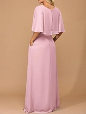preiswerte Bodenlänge-A-Linie Cape Kleid Mutter der Braut Kleid Elegant Einfach Minimalistisch Boots-Ausschnitt Hochzeitsgastkleid Bodenlang Chiffon Halblangarm in einfarbig
