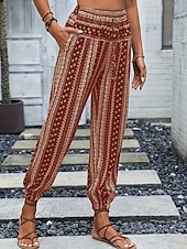 preiswerte weites Bein und hohe Taille-Damen Jogginghose Hosen Hose Urlaub Boho Volle Länge Mittlere Taille Geometrisch Elastischer Bund Atmungsaktiv Bequem Mikroelastisch Straße Alltagskleidung Ausgehen Dunkelbraun Weiß Rot Dunkelgrün