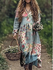 voordelige Bloemenjurken-Dames Maxi-jurk Zonnejurk Geplooide jurk Vakantie Casual Boho Uitgaan Strand Ruim Passend Bloemig Grafisch Lange mouw V-hals blauw Licht Blauw-Wit Amethist Zomer Lente