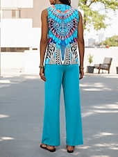 preiswerte Zweiteilige Sets-Damen Hosen-Sets Urlaub täglich ärmellos Rundhals U-Ausschnitt grafische geometrische lässig täglich Blau Lila Orange Sommer lockere Passform