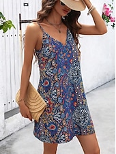 tanie Sukienki boho-Damskie Sukienka mini Sukienka A line Urlop Codzienny Boho Na zewnątrz Wyjściowe Plaża Luźna Graficzny Plemienny Bez rękawów Dekolt w kształcie litery U Ciemnoniebieski Lato