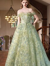 billiga Balklänningar-A-Linje Quinceanera Klänningar Elegant Klänning Bröllop Bröllop Gäst Golvlängd Ärmlös Båt Nacke Polyester Rygglös med Blommig Tryck