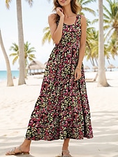 preiswerte Blumenkleider-Damen Midikleid Sommerkleid A Linie Kleid Schulterfreies Kleid Elegant Urlaub Lässig Formpassend Blumen Grafik Ärmellos U-Ausschnitt Rundausschnitt Rote Blau Purpur Grün Sommer Frühling