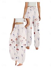 billiga Grafisk linnebyxa i bomull-Dam Linneinspirerade byxor Brett skaft Byxor Etnisk Stil Ledigt Boho Fullängd Hög midja Blommig Löv Tropisk Ficka Elastisk midja Tryck Mateial som andas Mjuk Microelastisk Utomhus Yoga Vit Blå Beige