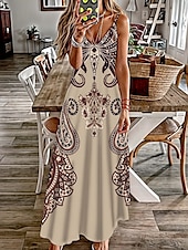 economico Abiti Boho-Per donna Abito maxi Vestito Estivo Abito a trapezio Abito Sottoveste Vacanza Casual Boho Uscire Spiaggia Vestibilità comoda Grafico Paisley Tribale Senza Maniche Scollo a V Spalline sottili Cachi