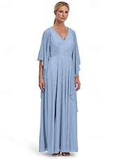 preiswerte Bodenlänge-Metallic Lurex Chiffon A-Linie Mutter der Braut Kleid elegantes einfach minimalistisches V-Ausschnitt bodenlang halbärmel mit Rüschendetails