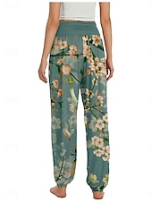 billiga Grafisk linnebyxa i bomull-Dam Linneinspirerade byxor Brett skaft Byxor Etnisk Stil Ledigt Boho Fullängd Hög midja Blommig Ficka Elastisk midja Tryck Mateial som andas Mjuk Microelastisk Utomhus Yoga Flodblå Blå Grön Beige