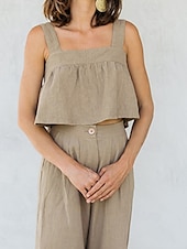 economico Camicie-Per donna Camicia di lino Gilet in cotone e lino Blusa Semplice Moderno Casual Senza Maniche Collo quadrato Top corti Quotidiano Ferie Senza schiena Bianco Cachi Estate