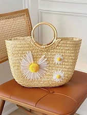 abordables Cabas et fourre-tout-Sac fourre-tout en paille brodé marguerite pour femme - sac fourre-tout de plage d&#039;été avec motif floral, cocotier, citron, style bohème décontracté, adapté aux vacances et à un usage quotidien