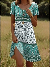 preiswerte Boho Kleider-Damen Minikleid T-Shirt-Kleid Sommerkleid Shiftkleid Urlaub Lässig Boho Party Strand Standard Passform Blumen Grafik Stammes Kurzarm Rundhalsausschnitt Gelb Rote Blau Purpur Sommer Frühling