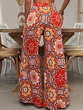 baratos perna larga e cintura alta-Mulheres Perna larga Calça larga Calças Férias Boho Comprimento total Cintura Alta Flor Cintura elástica Respirável Confortável Micro-Elástica Rua Roupa Diária Para Noite Laranja Verão Normal