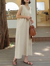 economico disegnare abiti in cotone e lino-Per donna Abito Midi Abito in cotone e lino Classico Vacanza Quotidiano Uscire Vestibilità regolare Semplice Senza Maniche Scollo a V Marrone Albicocca Estate