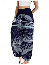 billiga Grafisk linnebyxa i bomull-Dam Linneinspirerade byxor Brett skaft Byxor Etnisk Stil Ledigt Boho Fullängd Hög midja Blommig Ficka Elastisk midja Tryck Mateial som andas Mjuk Microelastisk Utomhus Yoga Röd Blå Grön Sommar Normal