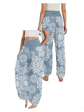 billiga Grafisk linnebyxa i bomull-Dam Linneinspirerade byxor Brett skaft Byxor Etnisk Stil Ledigt Boho Fullängd Hög midja Blommig Paisley Ficka Elastisk midja Tryck Mateial som andas Mjuk Microelastisk Utomhus Yoga Röd Blå Mörkgrön
