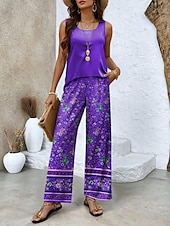 cheap Two Piece Sets-Women&#039;s Pants Sets Vacation Fashion Daily  Sleeveless Round Neck U Neck Floral Graphic Casual Daily Weekend Red Blue Purple Summer Regular Fit