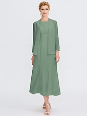 voordelige Met Jas-Strand Bruiloft Twee Delige Sheath Moeder van de Bruid Jurk Bruids Gast Elegante Plus Size Edelsteenhals Thee Lengte Chiffon Mouwloos Wrap Inbegrepen met Ceintuur  Riem Plooien Beading 2025