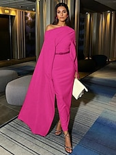 abordables Robes de cocktail-Robe de soirée jaune élégante, robe de mariée formelle, longueur au sol, manches longues, col bateau, crêpe extensible avec châle fendu, 2025