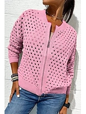 preiswerte Jacken-Damen Bluse Einfach Basic Modern Langarm Rundhalsausschnitt Normale Oberteile Täglich Ferien Ausgehen Reißverschluss Schwarz Weiß Rosa Wein Armeegrün Sommer