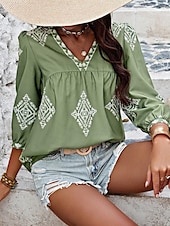 baratos Tops Boho Femininos-Mulheres Blusa Geométrica Boêmia Casual Manga 3/4 Manga Princesa Decote V Tops regulares Diário Imprimir Rosa Azul Marinha Roxo Verde Verão Primavera