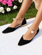 cheap Women's Flats-Women's Burgundy Pointed Toe Flats – Suede Shoes with Pearl Anklet Strap for Elegant Daytime Dates
