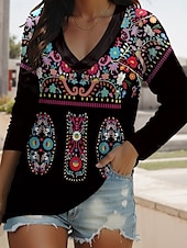 billige Boho t-skjorte-Dame T skjorte Stamme Årgang Elegant Bohem Årgang Langermet Crew-hals Vanlige topper Daglig Ferieklær Trykt mønster Svart Hvit Vår Høst