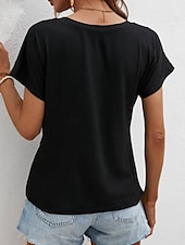 abordables T-shirt uni-T-shirt femme de couleur unie Uni Mode Classique Décontracté Manches courtes Col rond Hauts réguliers Quotidien Week-end Asymétrique Noir Blanc Vert armée Bleu marine Été