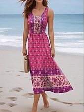 tanie Sukienki boho-Damskie Sukienka maxi Sukienka letnia Sukienka A line Sukienka na ramiączkach Plisowana sukienka Urlop Codzienny Boho Wyjściowe Plaża Regularny Kwiaty W Tureckie Wzory Kolorowy blok Bez rękawów