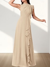 baratos Vestidos para Madrinhas-Vestido de dama de honra em corte A, decote redondo, sem mangas, elegante, longo, chiffon com babados / franzido 2025