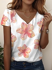 abordables T-shirt floral-Femmes T-shirt Fleuri Graphique Plantes ancien Élégant Classique Manche Courte Col en V Hauts Réguliers Quotidien Imprimé Blanche Violet Vert Été