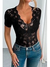 abordables Hauts en dentelle-Femmes Chemisier Hauts en dentelle Uni Élégant Moderne Manche Courte Col en V Hauts Réguliers Fête Sortir Dentelle Noir Blanche Vert Été