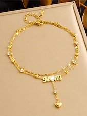 cheap Women&#039;s Bracelet-Women&#039;s Gold-Tone &#039;MOM&#039; Heart Charm Anklet – Double-Layer Crystal Chain Design for Mothers, Elegant Beach Jewelry, Perfect Mother&#039;s Day Gift