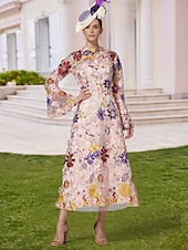 cheap Floor Length-A-Line Dress Beach Wedding Mother of the Bride Dress Elegant High Neck Ankle Length Tulle Long Sleeve Floor Length with Embroidery Flower