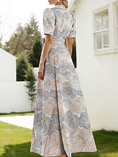 billige blomster-Jacquard Brokade Blomstrete Blå A-Linje Kveldsdrakt Elegant Kjole Formell Bryllup Gulvlengde Korte Ermer Skjortekrave Nylon med Splitt Lomme Bryllupsgjest Kjole