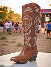 ieftine Cizme Cowboy &amp; Western-cizme de cowboy occidentale de damă cu design brodat – cizme elegante maro cu toc bloc pentru festivaluri de muzică, îmbrăcăminte casual și evenimente în aer liber